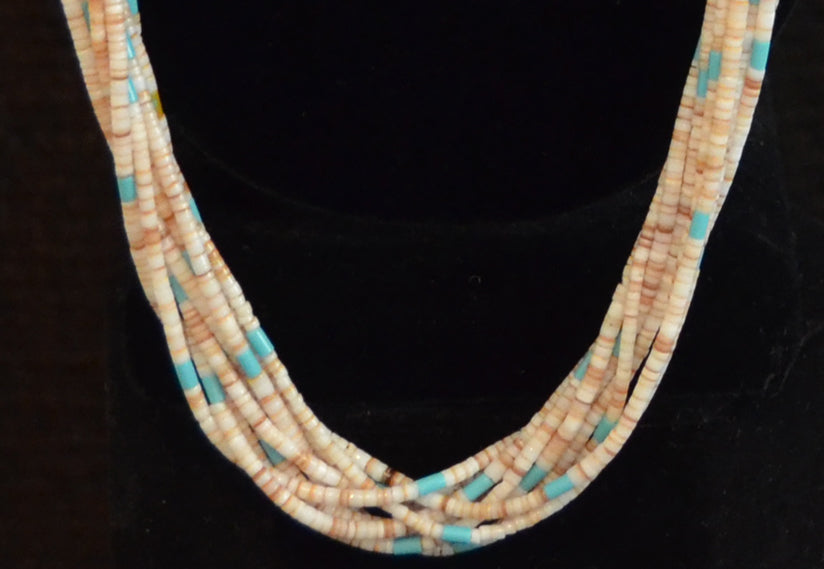 1960s Turquoise Disc Heishi Necklace 23 with Spiny Oyster Shell Drop Pendant,  Native American